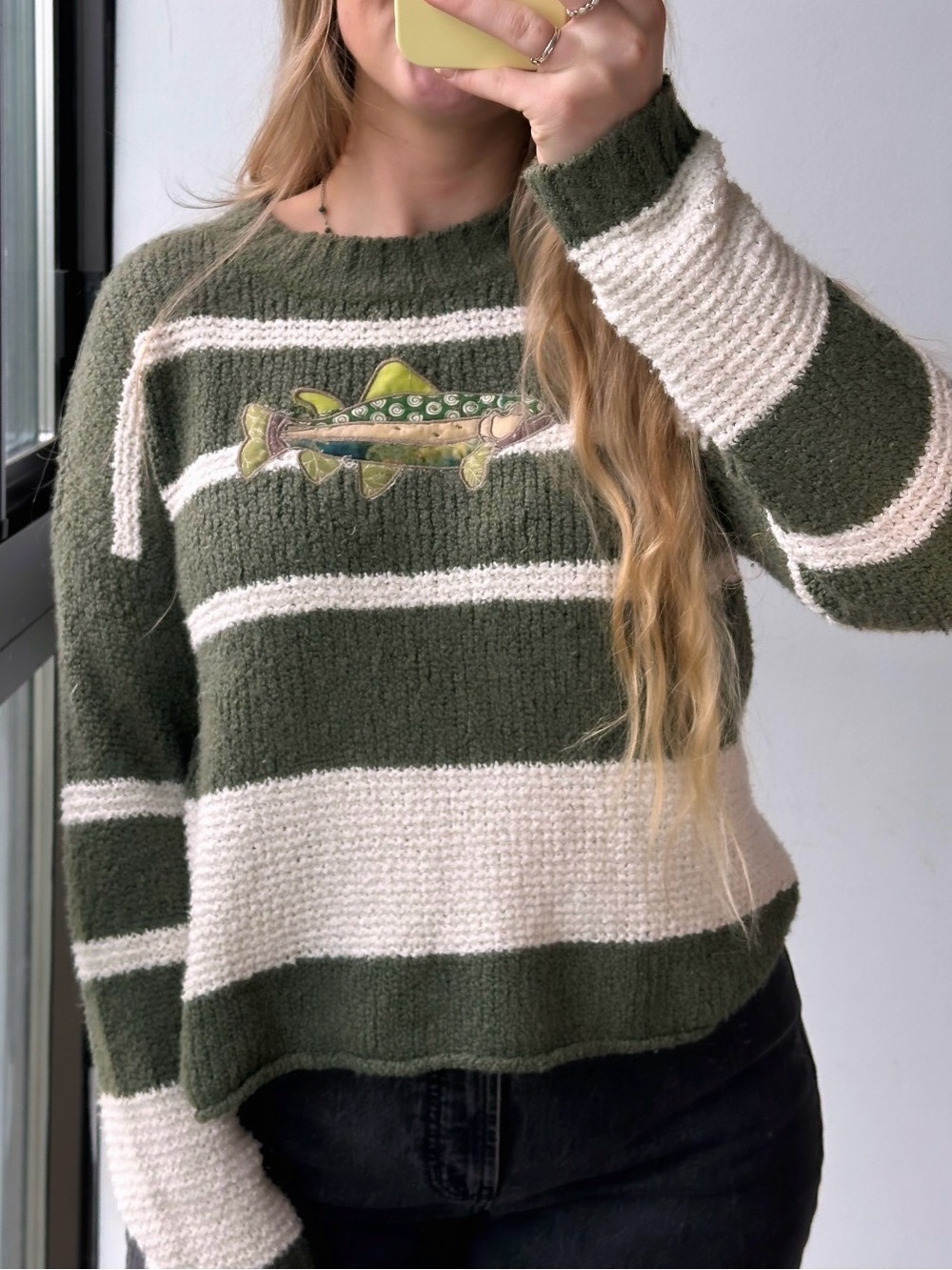 Hand Crafted Olive Striped Knit Crop Sweater with Patchwork Fish Embroidery